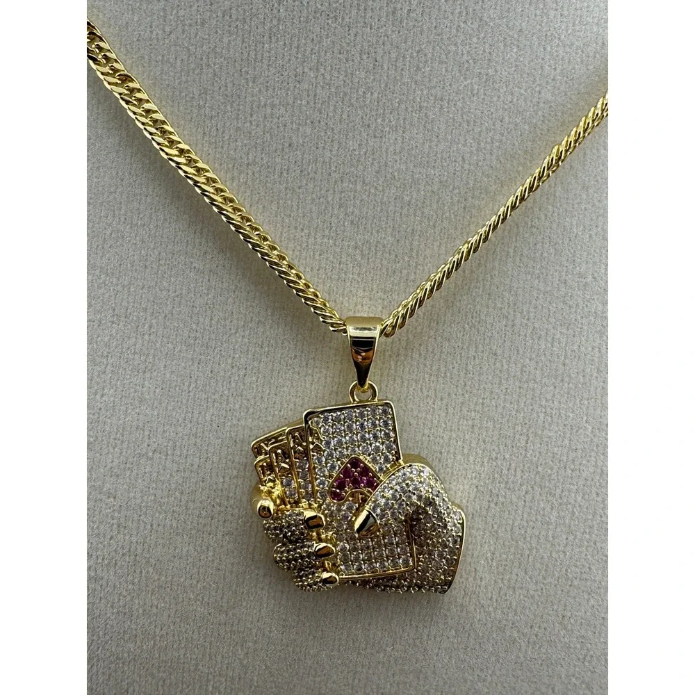 Gold Tone Poker Hand Royal Flush Pendant Curb Chain Necklace Iced Out Hip Hop